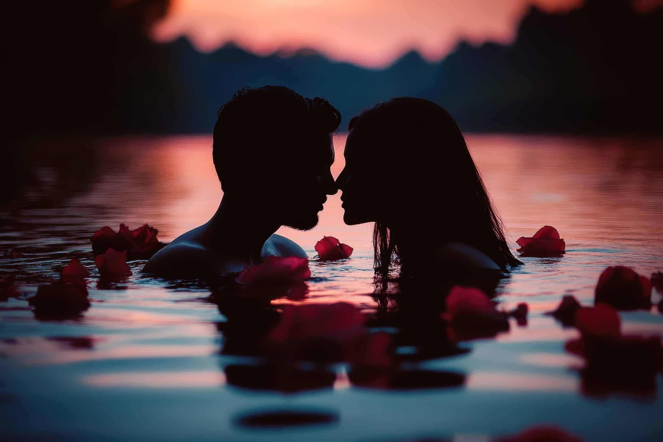 Two lovers embrace in the shimmering water, their kiss igniting a spark of romance, surrounded by a tranquil, enchanting atmosphere of love.